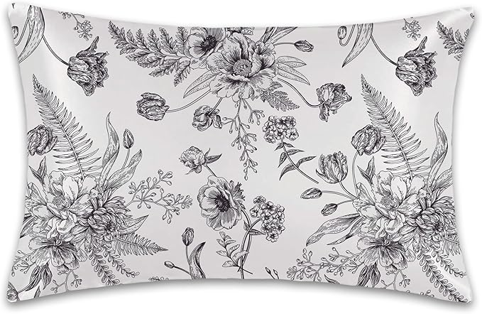 Satin Pillowcase 1 Pack-Black and White Peony Tulips Vintage Floral Silky Pillow Cover for Hair and Skin,King Size 20x36 Inch Soft Cooling Printed Pillow Cases with Hidden Zipper,Gifts for Women Men