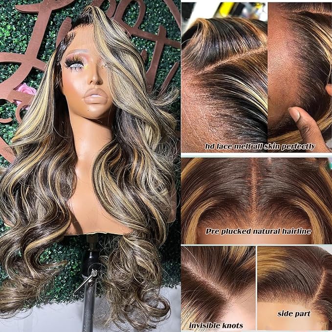 28 Inch 1B/27 13x6 Balayage Highlight Ombre Body Wave Lace Front Wigs Human Hair 200 Density Honey Blonde Colored HD Lace Frontal Glueless Wigs Human Hair Pre Plucked for Women Triple Lifespan 3X