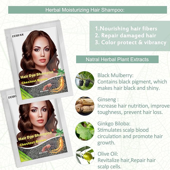 10 PCS Chestnut Brown Hair Dye Shampoo 3 in 1 Natural Hair Color Shampoo, Semi- Permanent Instant Hair Dye for Men & Women, 100% Grey Coverage Natural Hair Dye Shampoo (Chestnut brown)