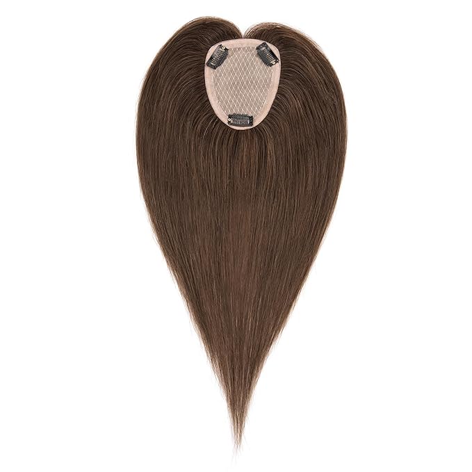 Hairro Human Hair Toppers Free Parted, 3.5x4.7" Base Hand-wovened 100% Real Hairpieces, with Invisible Clips-in for Women, for High Hairline/Adding Volume on Top, 10 Inch Dark Brown