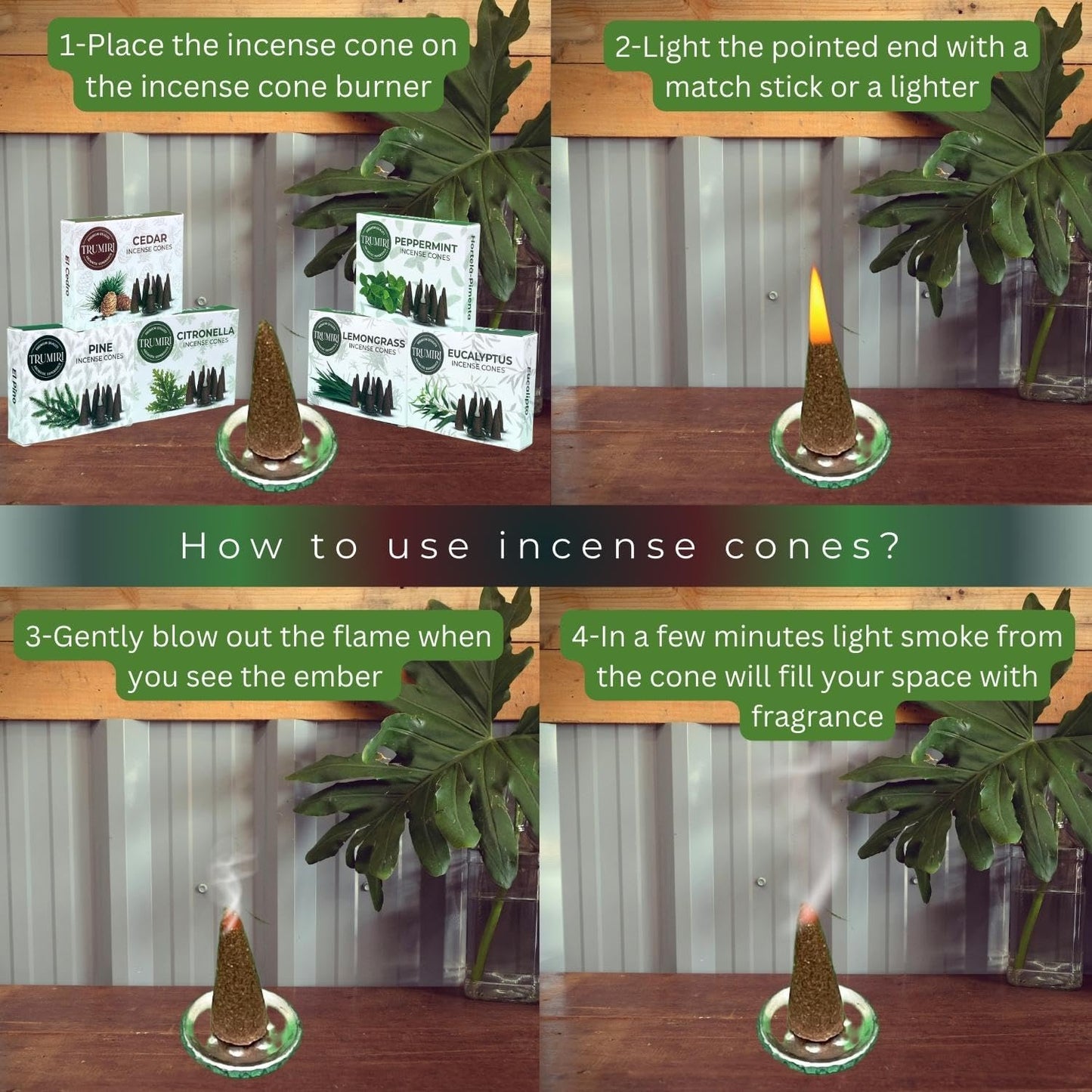 TRUMIRI Leafy Incense Cones - Variety Pack - Total 60 Cone Incense (6 Scents x 10 Conos) - Citronella Lemongrass Eucalyptus Peppermint Cedar Pine - Cone Incense Scents - Insense Cones - Incent Cone