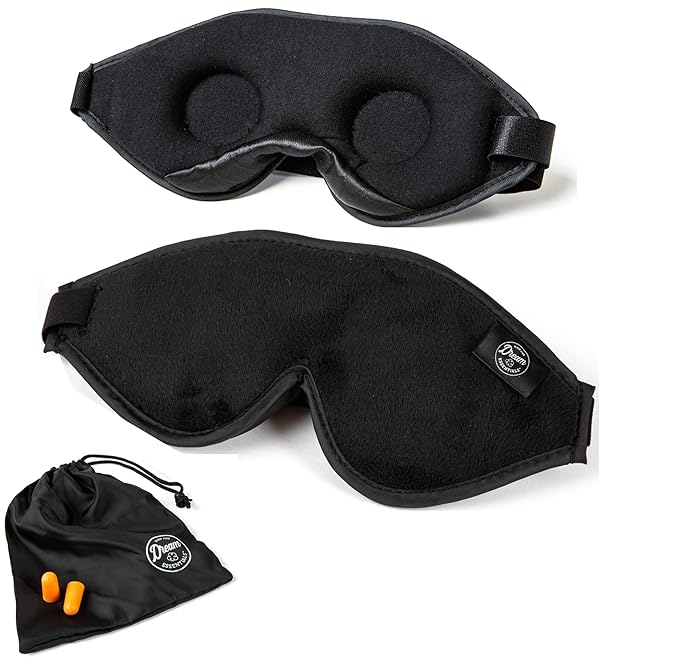 Dream Essentials - Escape 3D Sleep Mask, Earplugs and Carry Pouch Set, Molded Eye Shade for Men and Women, Contoured, Nose Bridge, Light Block, Memory Foam, Gift Set, Travel, Yoga, Blindfold - Black