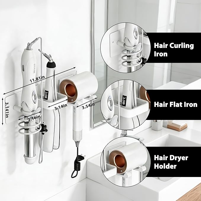 Hair Dryer Holder Blow Dryer Holder for Wall Mount Curling Iron Holder Flat Iron 3 in 1 Bathroom Hair Tool Organizer Rack White
