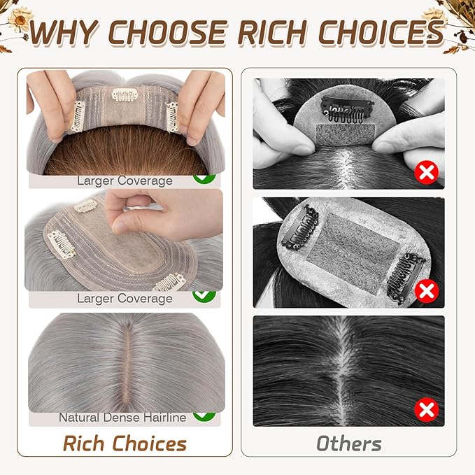 Rich Choices Hair Toppers for Women Real Human Hair 100% Human Remy Toppers NO Bangs for Women with Thinning on Top Clip in Hairpiece 4"x4.7"Lace Base 16 Inch Gray
