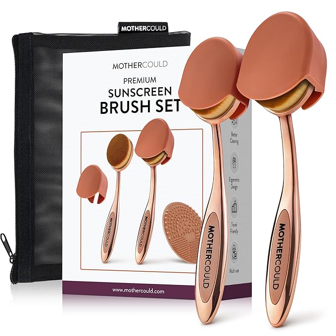 Premium Sunscreen Brush Set – Kids & Baby Sunblock Applicator with Metal Handles, Travel Bag, 2 Brushes, 2 Caps, & Cleaning Mat – Rose Gold – Mess-Free Sun Care (2 Pack) (Rose Gold)
