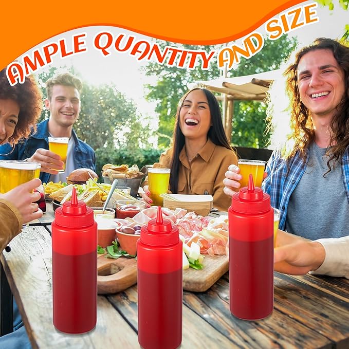 10 Pcs 32 oz Squeeze Bottle Large Plastic Wide Mouth Squeeze Bottles for Condiment Sauces Chocolate Ketchup Mustard BBQ Grill Restaurant (Red)