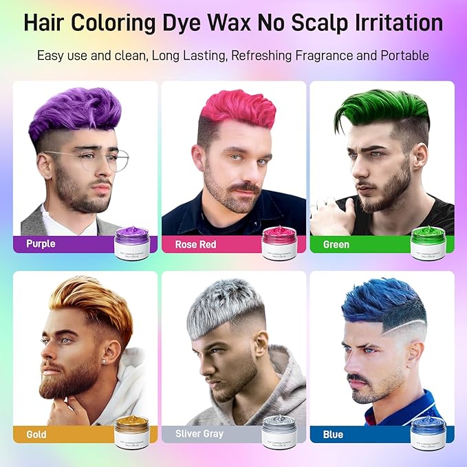 6 Colors Temporary Hair Dye,Temporary Hair Color Wax,Natural Washable Hair Dye Temp Hair Color for Women Men Kids Party Cosplay Halloween
