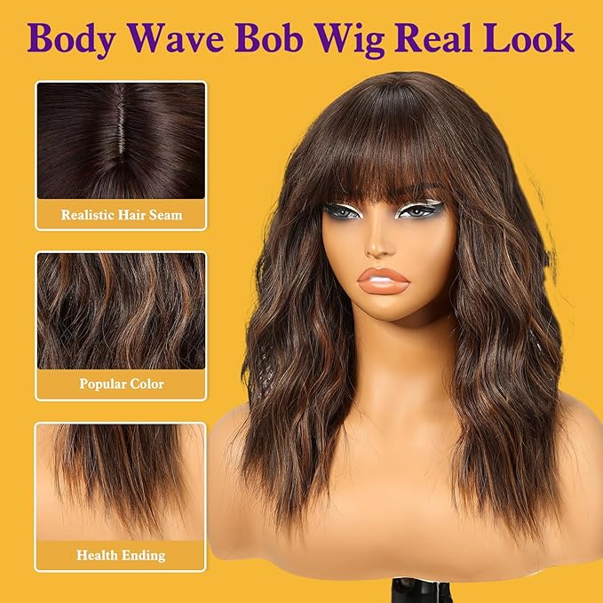Short Curly Bob Wig with Bangs,Brown Highlight Synthetic Wigs for Women 18IN