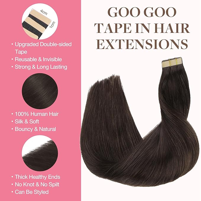 GOO GOO Tape in Hair Extensions Human Hair, 2A Light Brown, 14inch 50g 20pcs, Skin Weft Seamless Invisible, Silky Straight with Thick Ends, Remy Human Hair
