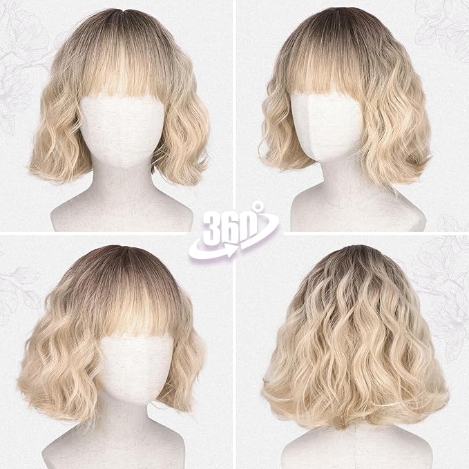 BARSDAR Blonde Ombre Short Wavy Wig with Bangs - Short Wavy Blonde Ombre Wig for Women - Fluffy Soft Synthetic Dark Roots Curly Textured French Bob Wigs with Bangs Natural Looking Face-Framing