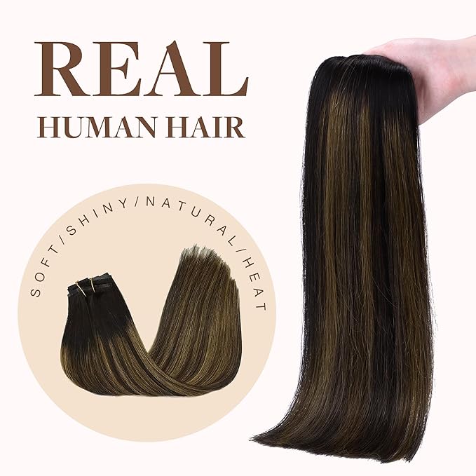 GOO GOO Clip in Hair Extensions Real Human Hair, Remy Human Hair Extensions Clip ins for Women, Natural Human Hair, 14inch 130g 9Pcs, 1B/6/1B Balayage Natural Black to Chestnut Brown