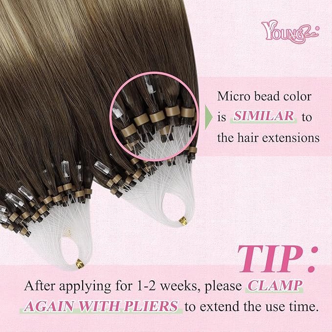 YoungSee Microbead Hair Extensions Brown Balayage Micro Bead Hair Extensions Real Human Hair Ombre Dark Brown to Brown with Blonde Micro Extension 24 Inch Bead Hair Extension for Long Hair 50s/50g