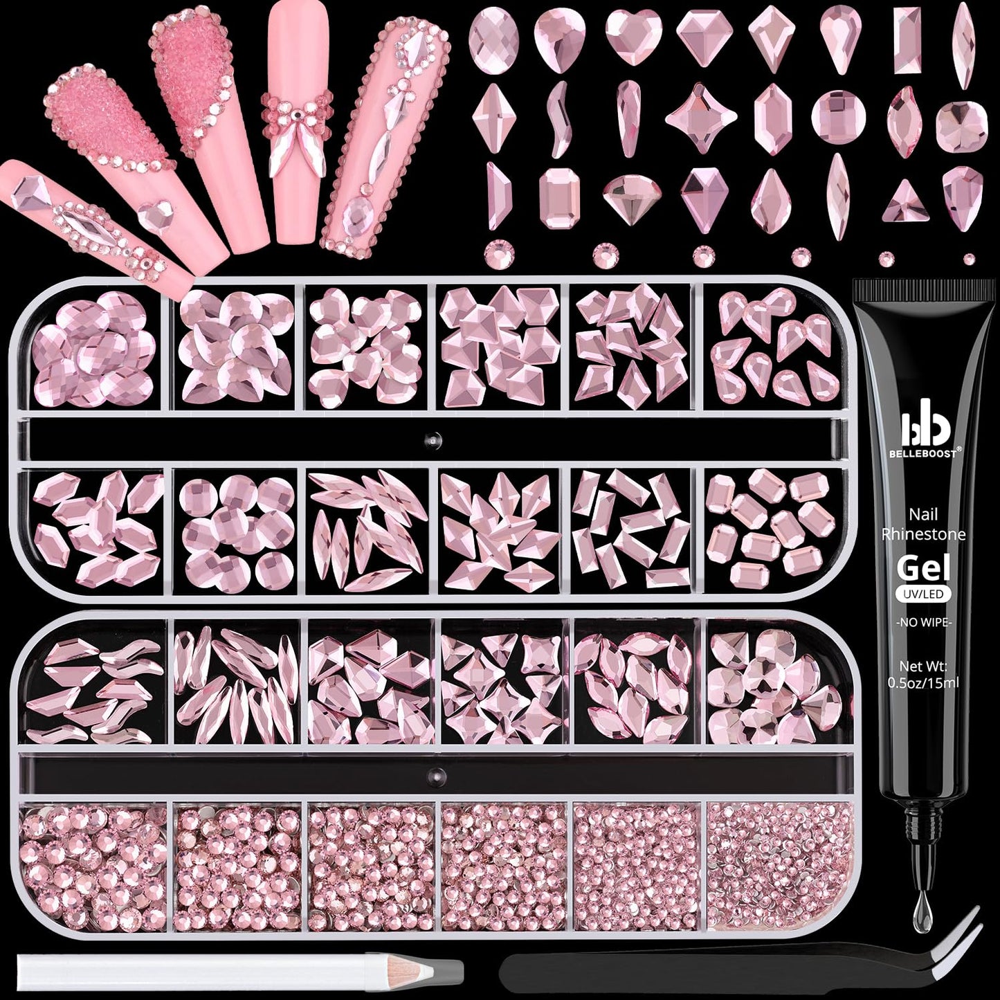 1680Pcs Pink Glass Nail Rhinestones 180Pcs Multi Shapes Flatback Nail Gems + 1500Pcs 1.5-4mm Round Crystal with Rhinestones Glue Gel, Manicure Nail Charms Diamond Gemstones for Nail Art