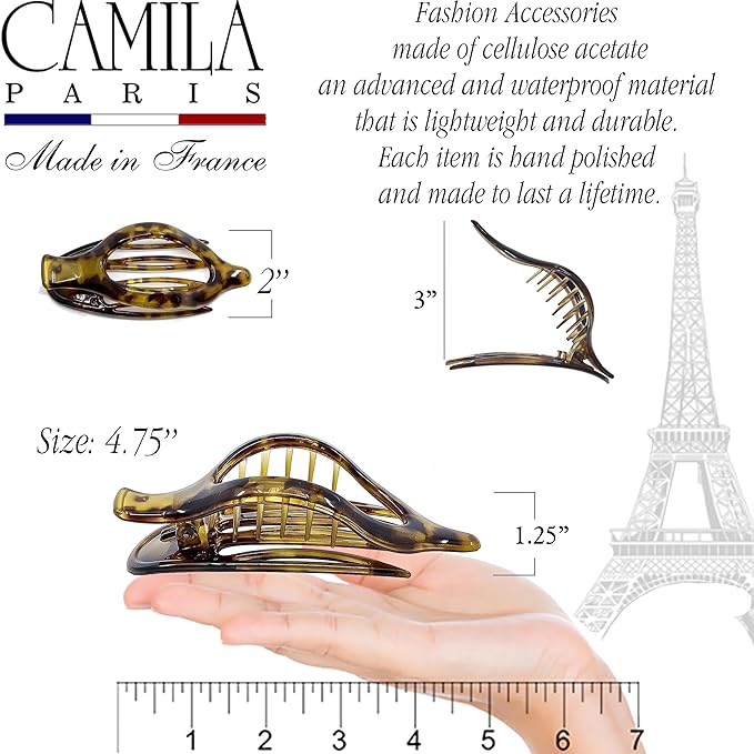 Camila Paris CP2383 French Hair Clips, Large Side Slide Hair Clips for Long Curly Wavy Hair, Strong Hold No Slip Grip, Girls Hair Claw Clips for Women, Styling Girls Hair Accessories, Made In France
