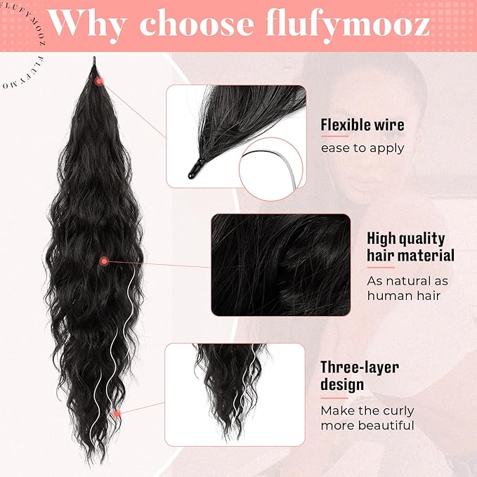 Flufymooz Ponytail Extension, Flexible Wrap Around Ponytail Extension Long Wavy Curly Ponytail Hair Extensions Natural pony tail Synthetic Hairpiece for Women 32 Inch (Black Brown)