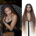 Human Hair Boho Curls Hand-Tied HD Full Lace Wig - 36" Salon-Level Small Box Synthetic Braids (79 Braids, Medium Density) Pre-Cut Swiss HD Lace, Pre-Plucked, Tangle-Free - 1B/27 Honey Blond