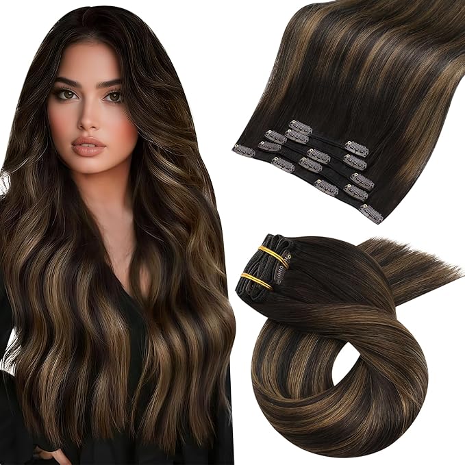 Moresoo Clip in Hair Extensions Real Human Hair Double Weft Human Hair Clip in Extensions Straight Ombre Balayage Dark Brown with Chestnut Brown 5pcs 80g 22inch
