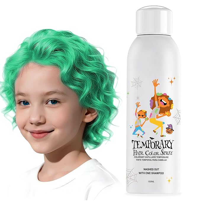 Green Temporary Hair Color Spray for Kids, Instant Colored Hair Dye Alternative for Girls Boys Teens Women Men, Disposable Washable, Quick Styling for Party Cosplay Christmas Halloween, 150ml