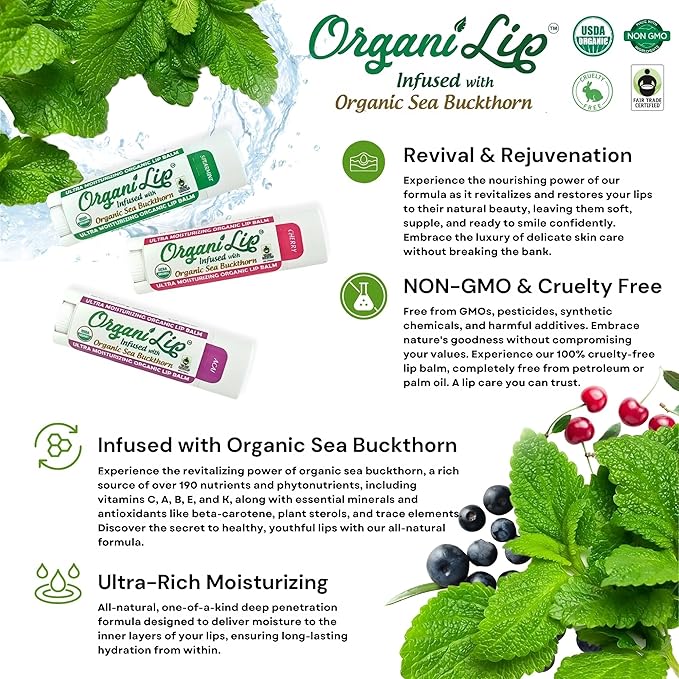 OrganiLip Organic Lip Balm, Acai Flavor, Ultra Hydrating Lip Moisturizer for Cracked or Dry Lips, Oval Shaped Tube, USDA Certified Organic, 3 Pack