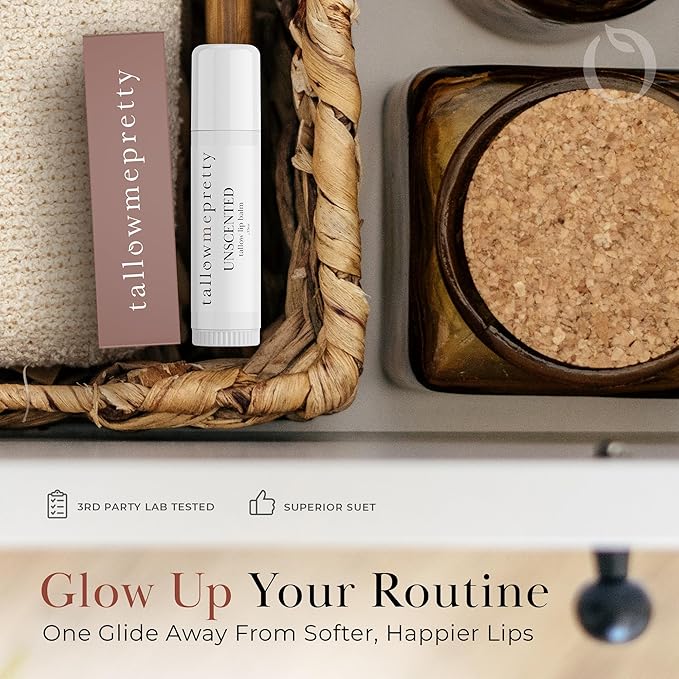 Unscented Lip Balm, Ultra-Soothing, Deeply Hydrating Tallow Lip Balm with Grass Fed Beef Tallow, Beeswax, Jojoba Oil & More, Non Toxic Lip Care, Made in the USA, 0.15 Oz.