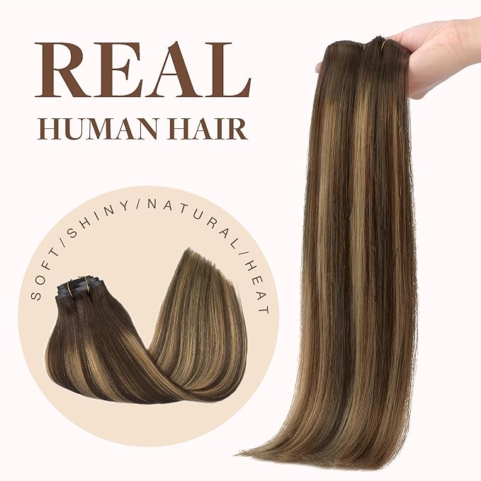 GOO GOO Clip in Hair Extensions Real Human Hair, Remy Human Hair Extensions Clip ins for Women, Natural Human Hair, 22inch 150g 7Pcs, 4/27/4 Balayage Chocolate Brown to Caramel Blonde