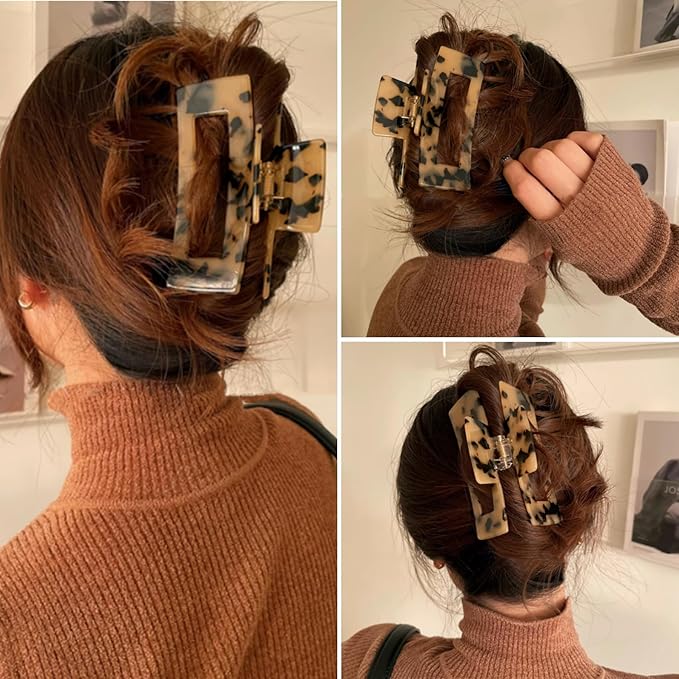 Large Hair Claw Clips Big Cutout Tortoise Shell Celluloid Hair Jaw Clips 4.1inch French Design Rectangle Hair Clamp for Women Ladies