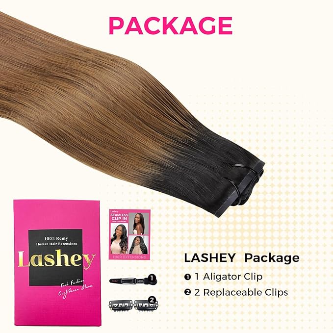 Lashey Seamless Clip in Hair Extensions Human Hair 150g 9pcs 20 Inch Ombre Natural Black to Medium Auburn Straight Clip in Hair Extensions for Women Real Hair