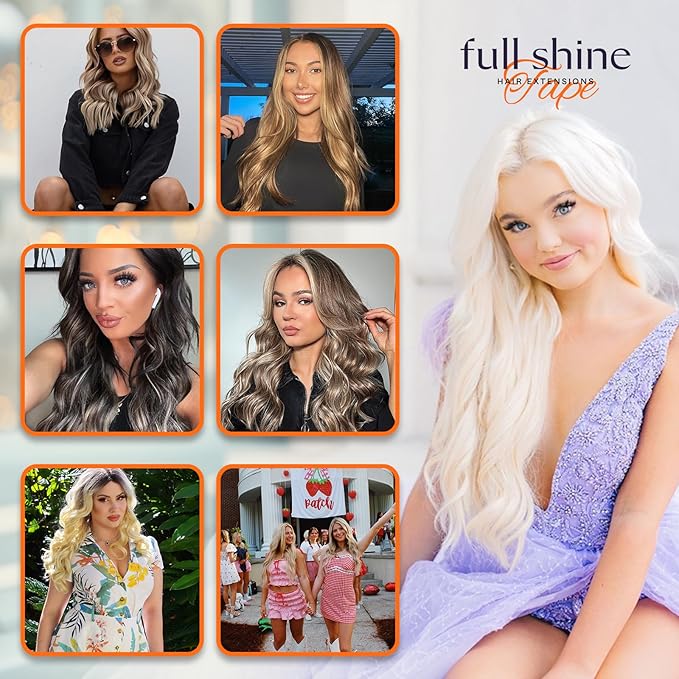 Full Shine Tape in Hair Extensions 14 Inch Remy Seamless Tape Ins Human Hair Extensions Color 10 Golden Brown and 16 Golden Blonde to 16 Blonde 20PCS 50 Grams for Party