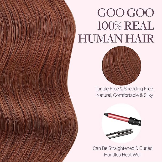 GOO GOO Tape in Hair Extensions Human Hair, #33B Dark Auburn Copper, 22inch 50g 20pcs, Skin Weft Seamless Invisible, Silky Straight with Thick Ends, Remy Human Hair