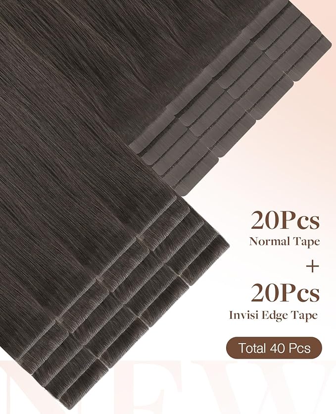 GOO GOO Invisi Edge Tape in Hair Extensions Human Hair, 1C Mocha Brown 20pcs injected with 20pcs classical tape ins, 12inch 80g, Virgin Remy Hair, Natural Look