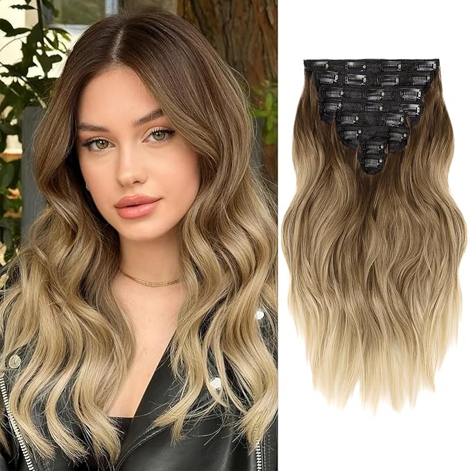 Clip in Hair Extensions, 16 Inch Omber Blonde Hair Extensions Clip Ins Wavy, 8PCS Synthetic Thick Hairpieces for Women