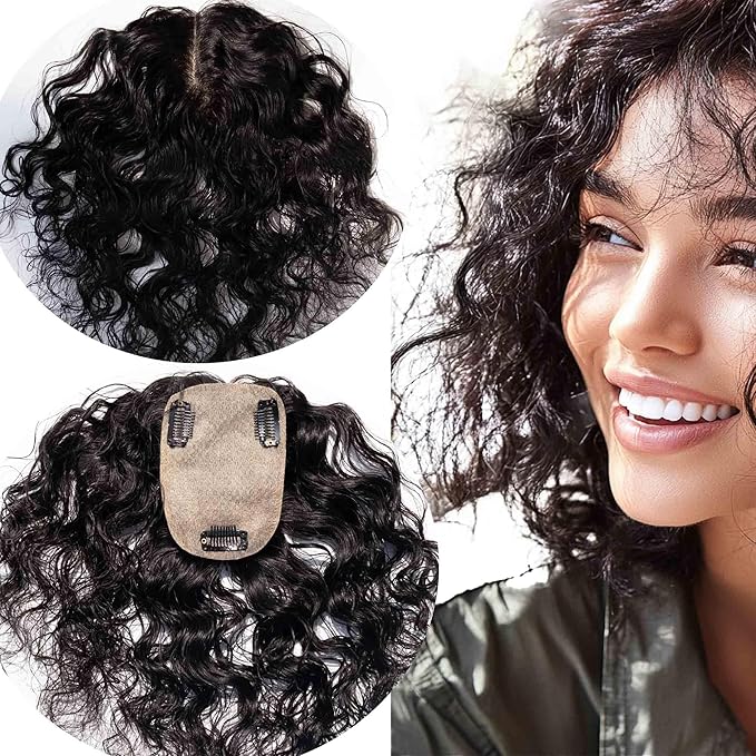 Real Human Hair Topper for Thinning Hair Women Clip in Straight Hairpiece Silk Base Natural Black 12 in