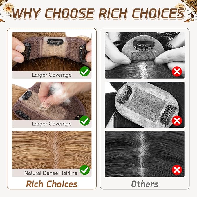 Rich Choices Real Human Hair Toppers for Women With Bang 100% Remy Human Hair Topper for Thinning Hair Clip in Silk Base Hair Topper 10 Inch #6 Light Brown