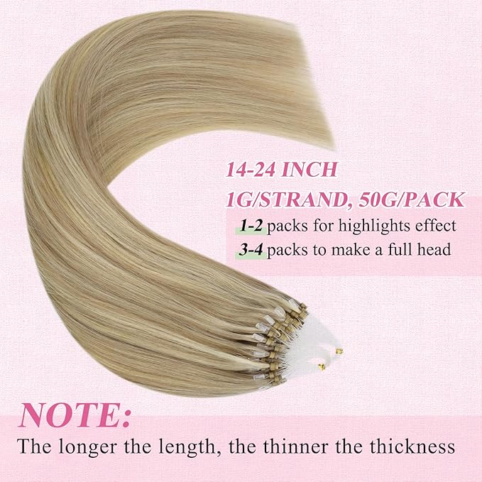 YoungSee Micro Bead Hair Extensions Real Human Hair Blonde Micro Loop Hair Extensions Real Human Hair Golden Blonde Highlighted Beaded Hair Extension 14In 50g 50s Pre Bonded Hair for Short Hair
