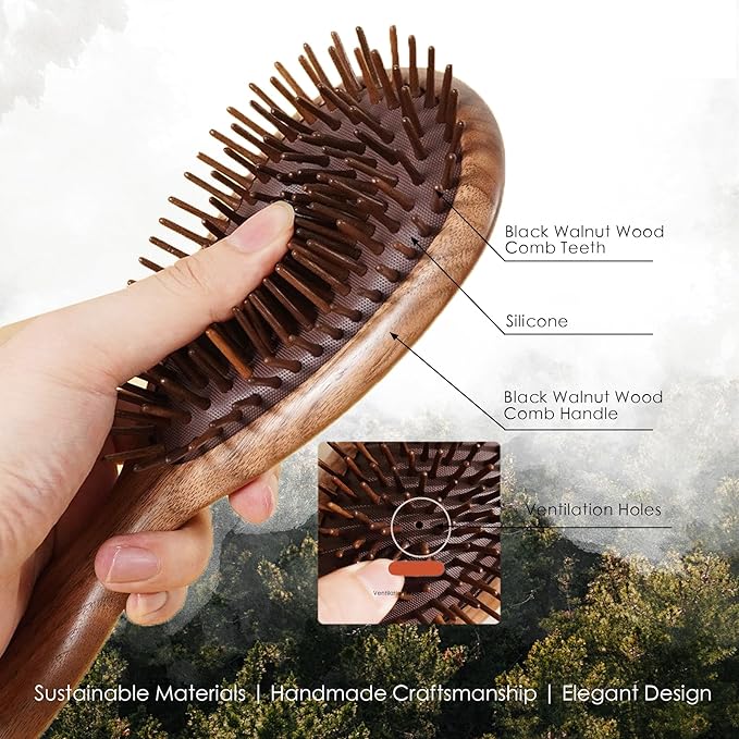 Lindale Walnut Wooden Hair Brush for Hair Growth with Natural Walnut Bristles Detangler Paddle Hairbrush for Massaging Scalp for Women Men, Reduces Static for Curly Hair with Ergonomic Handle Square