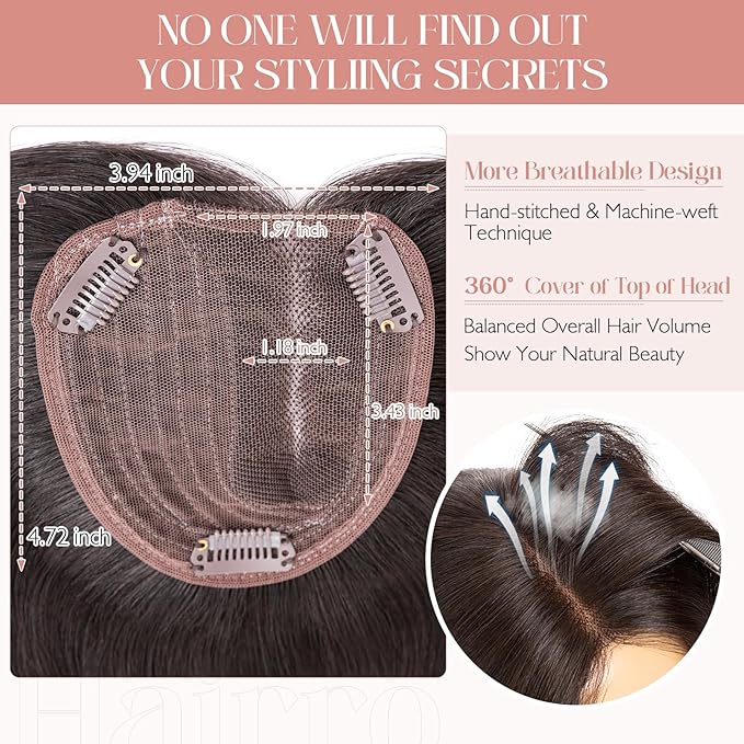 Hairro 100% Human Hair Topper No Bangs, Real Clip in Hair Hairpieces for Women, 3.94x4.72" Silk Base for Thinning Receding High Hairline, 10 Inch Natural Black Side Part