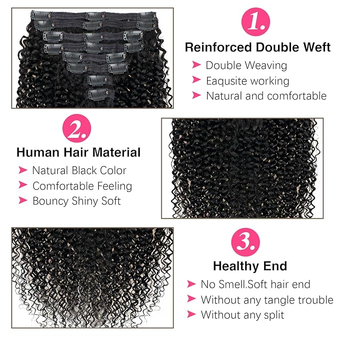18 Inch Kinky Curly Clip in Extensions Human Hair 3C 4A Curly Clip Ins Full Head for Women Brazilian Remy Human Hair Natural Color 8 Pcs with 18 Clips 120g/Set (18 inch)