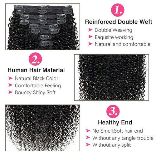 20 inch 3c 4a Kinky Curly Clip ins Real Human Hair for Full Head Full Curly Clip on Hair Extensions Natural Black Color Clip in Hair For Women 120g/pack(20inch,#1B)