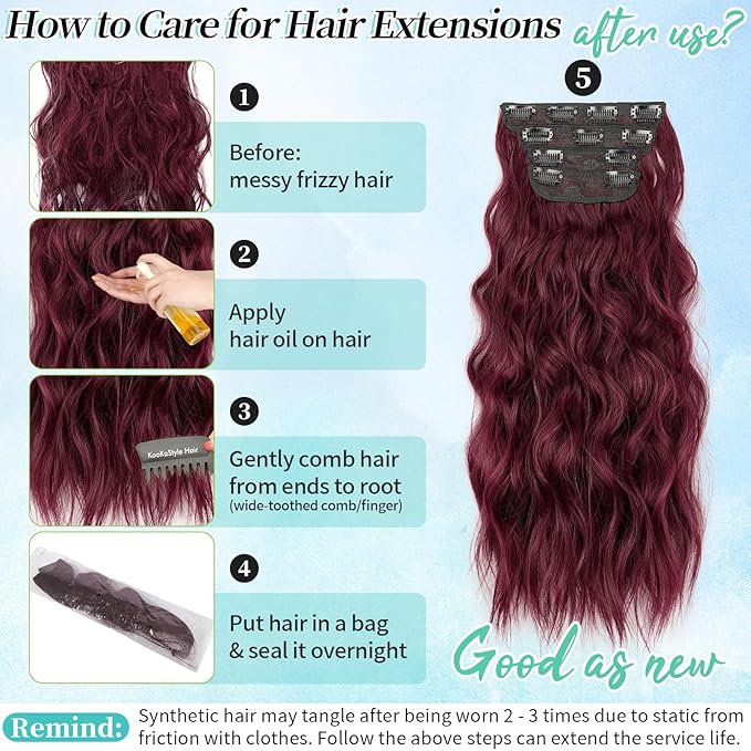 KooKaStyle Hair Extensions Burgundy Clip in Synthetic Highlight Hair Extensions Long Wavy 4PCS Thick Hairpieces 20 Inch for Women