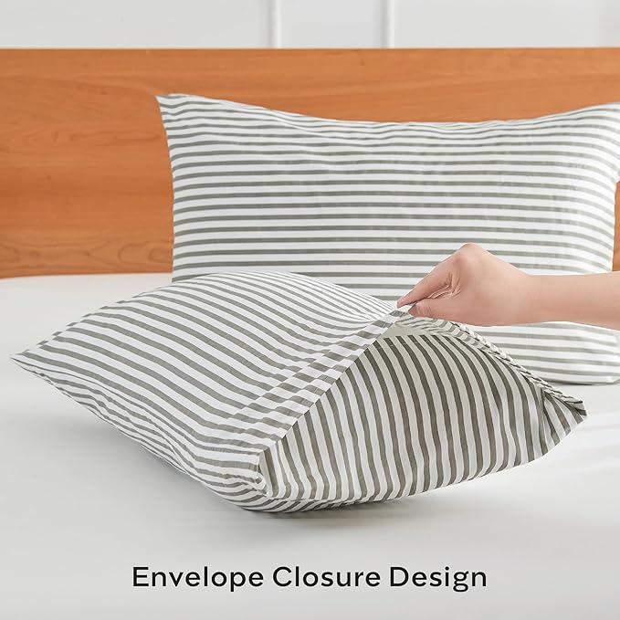 JELLYMONI 100% Natural Cotton Striped Pillowcases Set, 2 Pack White and Grey Stripes Pattern Printed Pillow Covers with Envelope Closure(Pillows are not Included)(King(20×36inches))