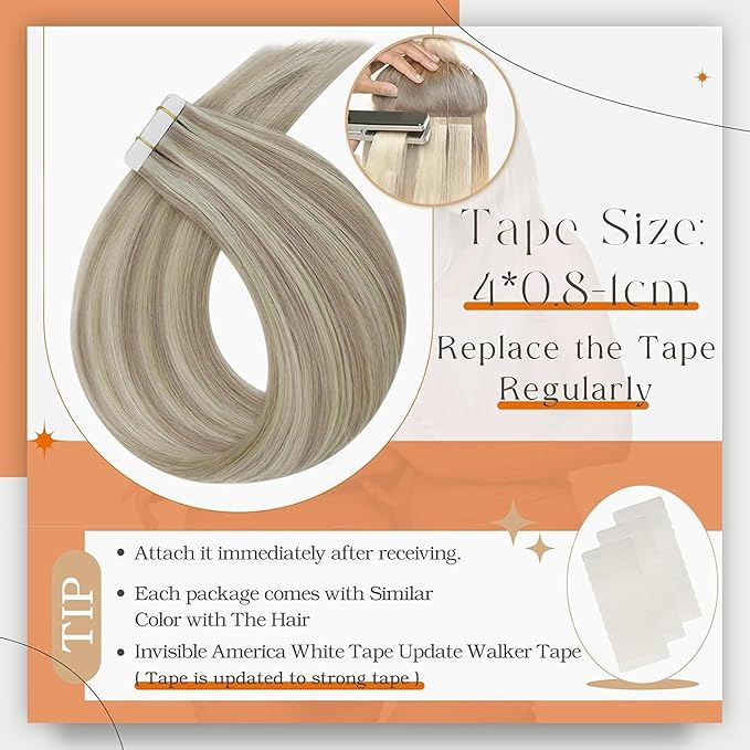 Full Shine Blonde Tape in Human Hair Extensions Color 18 Ash Blonde Highlighted 613 Blonde Tape in Hair Extensions 22Inch Remy Extension Invisible Bridal Hairstyles 100G 40Pcs