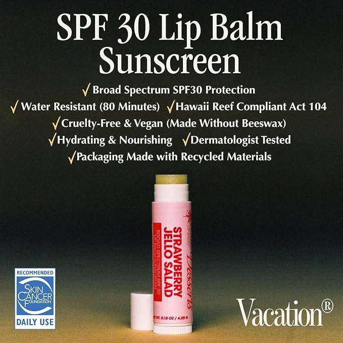 Vacation Strawberry Jello Salad SPF 30 Sunscreen Lip Balm 3-Pack, Lip Balm Made Without Beeswax, Lip Balm with Sunscreen, Lip Balm SPF Set, Lip Sunscreen, Water Resistant, Vegan (Pack of 3)