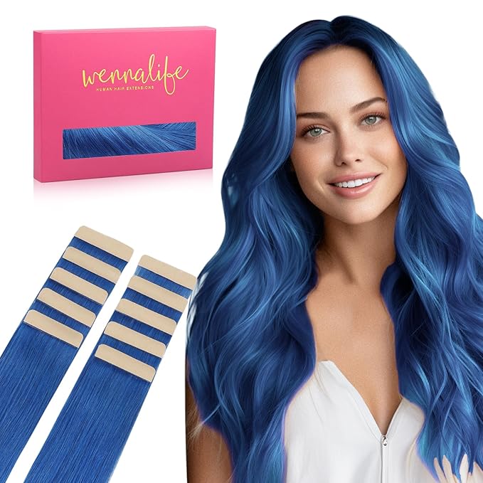WENNALIFE Tape in Hair Extensions Human Hair Blue Tape in Extensions, 10pcs 25g 16 inch Remy Invisible Tape Ins Straight Colored Soft Real Human Hair Tape in Extensions Refill Set Extensions