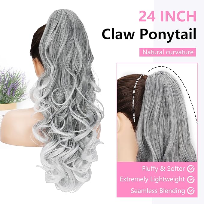 ALXNAN Ponytail Extension,24 Inch Claw Clip in Long Curly Wavy Grey with White Ends Ponytail Hair Extension Jaw Clip on Pony Tails Hairpiece for Women
