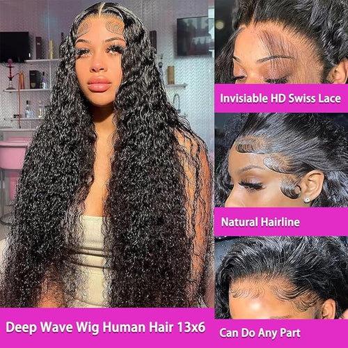 13x6 Deep Wave Lace Front Wigs Human Hair Pre Plucked Deep Curly Wig Human Hair Pre Plucked with Natural Hairline Wet and Wavy Lace Frontal Wig Natural Color 210% Density 30Inch