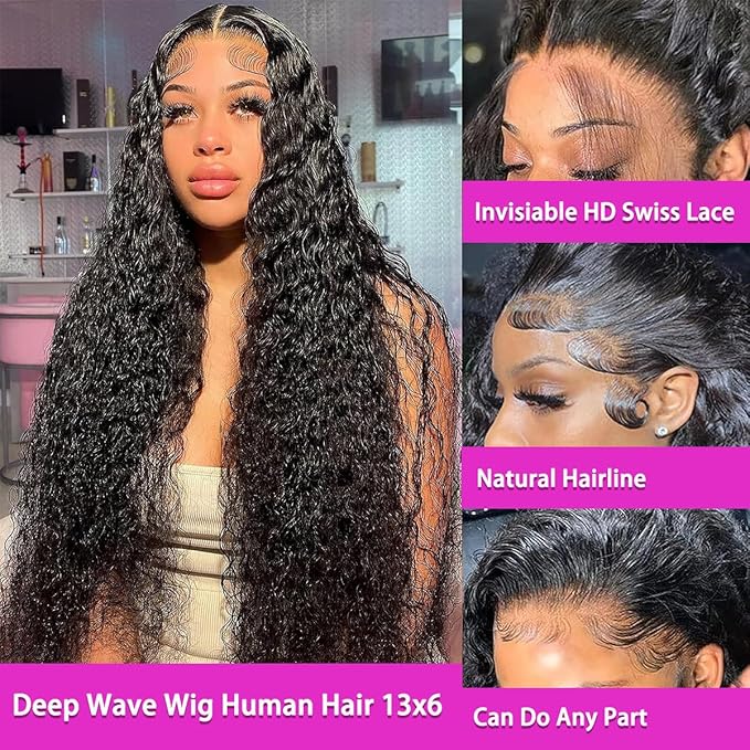 Deep Wave Lace Front Wigs for Black Women Human Hair 210% Density 13x6 HD Lace Frontal Deep Curly Wigs Wet and Wavy Glueless Wigs Human Hair Pre Plucked with Baby Hair 26Inch