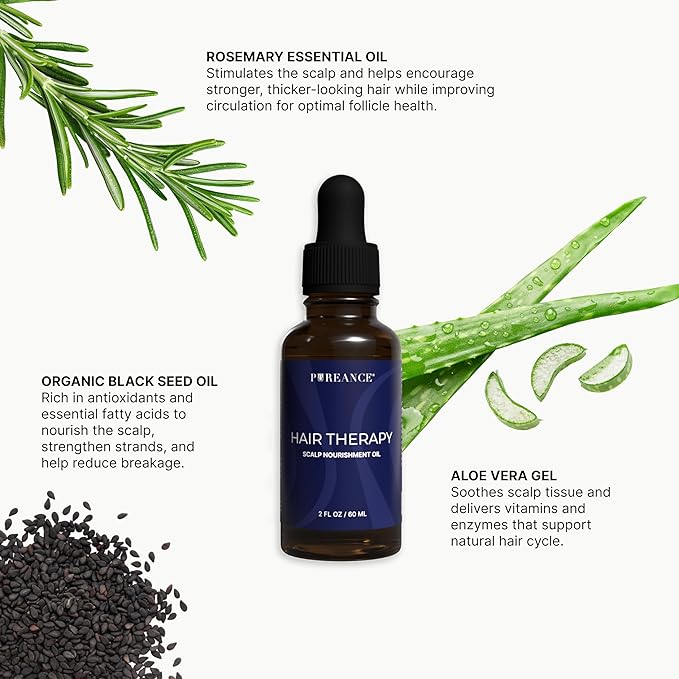 PUREANCE Hair Therapy - Hair Growth Oil for Dry & Frizzy Hair - Scalp Serum for Women & Men - With Aloe Vera Gel, Castor, Argan, Black Seed, Rosemary & Peppermint Essential Oils & More - 2 Fl OZ