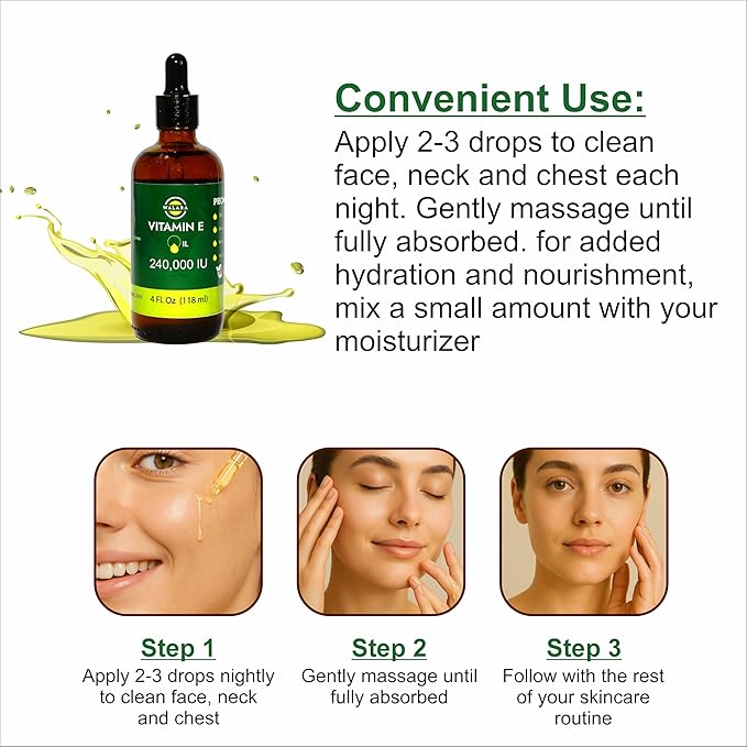Vitamin E Oil 100% Pure 240,000 IU (4oz) | Natural, Non-GMO, for Skin, Hair, Premium Vitamin E Oil is 100% Pure & Natural