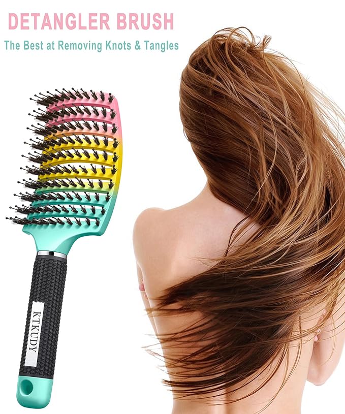 KTKUDY Detangling Brush Getting Knots Out without Pain - Boar Bristles HairBrush Make Hair Shiny & Healthier Vented Detangler Brush for Women Men Kids Wet and Dry Hair (Rainbow & Yellow-Purple)