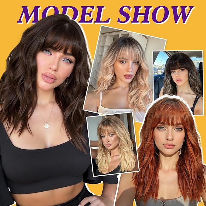 Blonde Wig with Bangs,Dirty Blonde Wavy Wigs for Women,Shoulder Length Curly Synthetic Hair Wig for Party Daily Use 18IN…